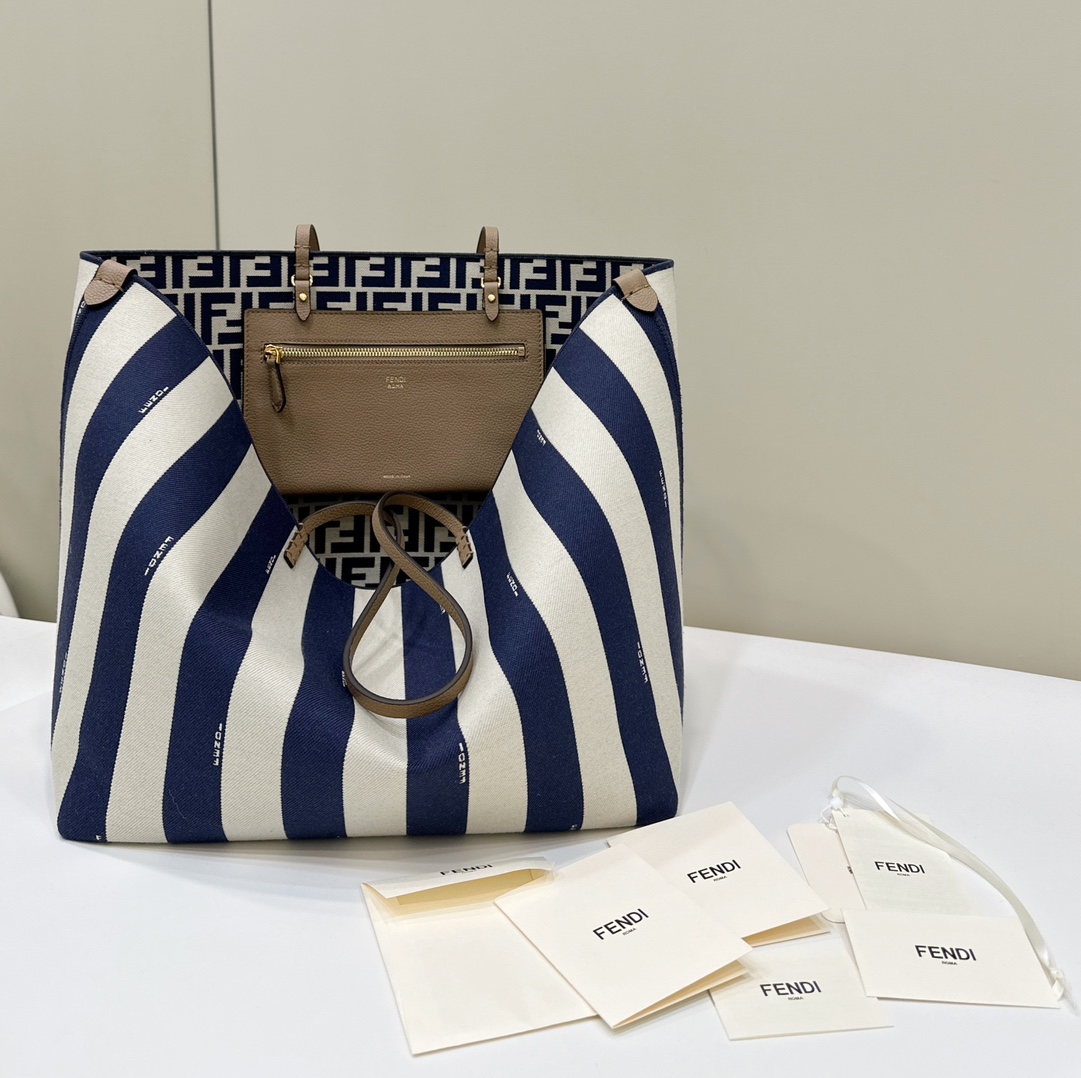 Fendi Large Roll Reversible Shopper Bag in Pequin Striped and Midnight Blue FF Fabric